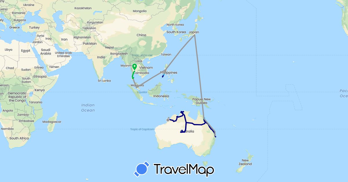TravelMap itinerary: driving, bus, plane, boat, motorbike in Australia, Japan, Malaysia, Philippines, Thailand (Asia, Oceania)